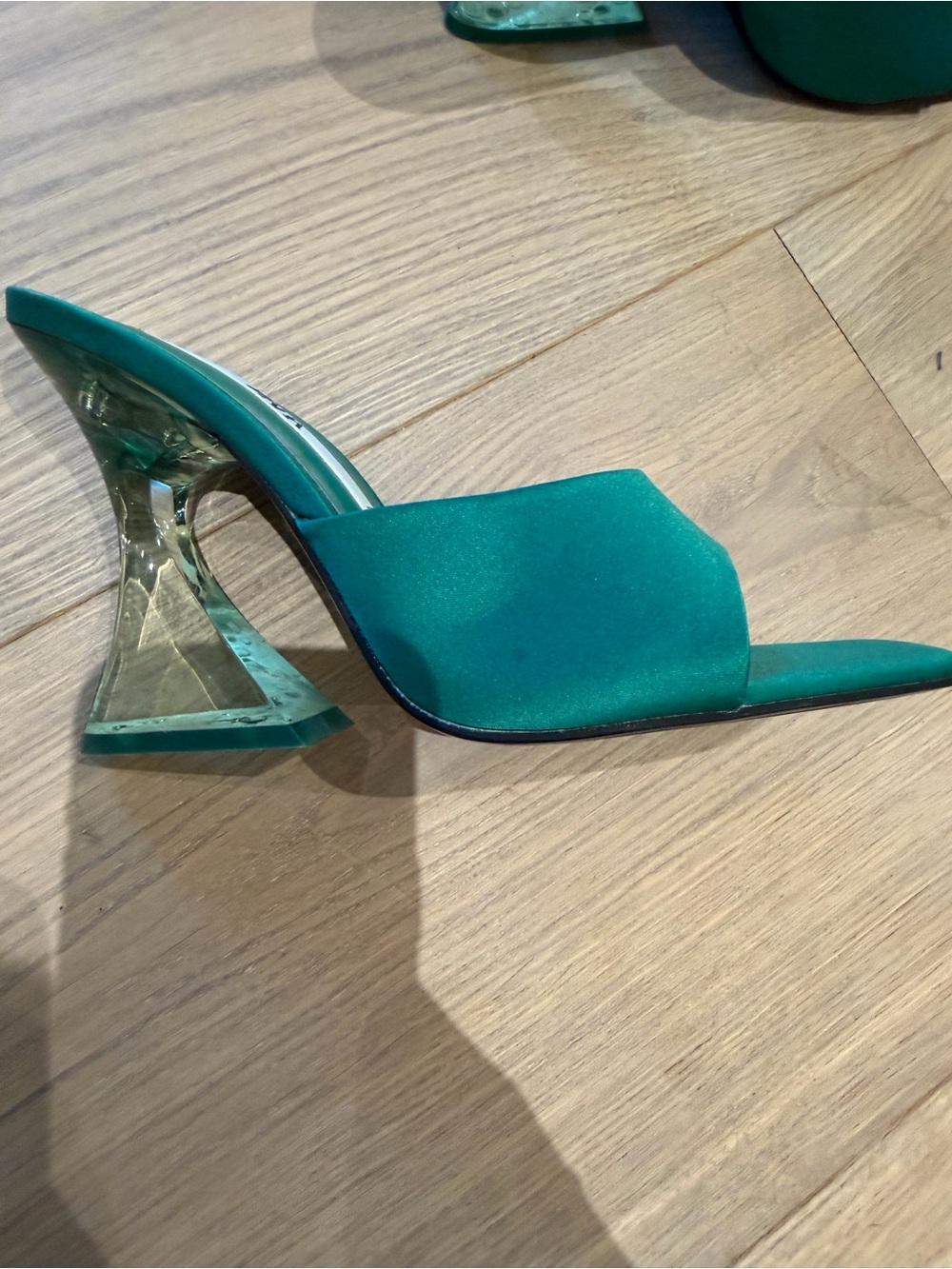 Women’s Zara trending green Satin Slide Sandal with Sculpted Lucite Heel